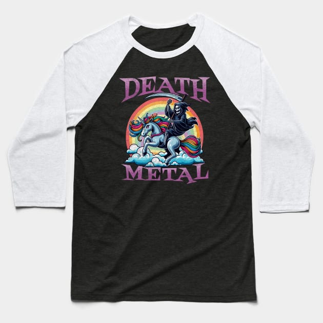 Grim Reaper Riding Unicorn - Funny Rainbow Clouds Death Metal Baseball T-Shirt by Lunatic Bear